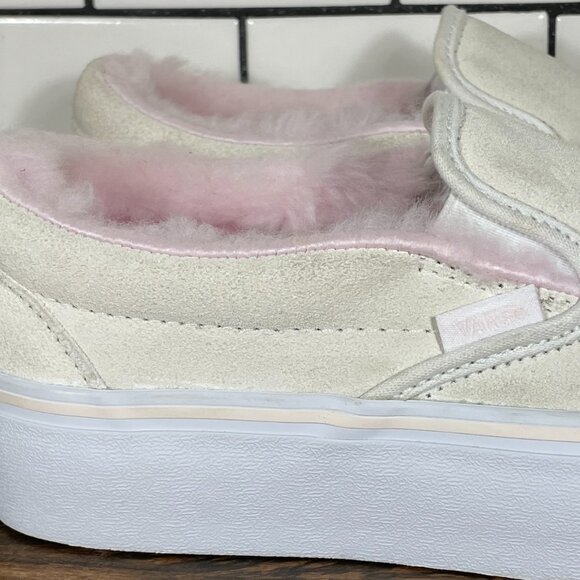 Vans Classic Slip On Platform Womens 8 Shoes Cream Suede Pink Faux Fur Sneaker - Picture 5 of 15
